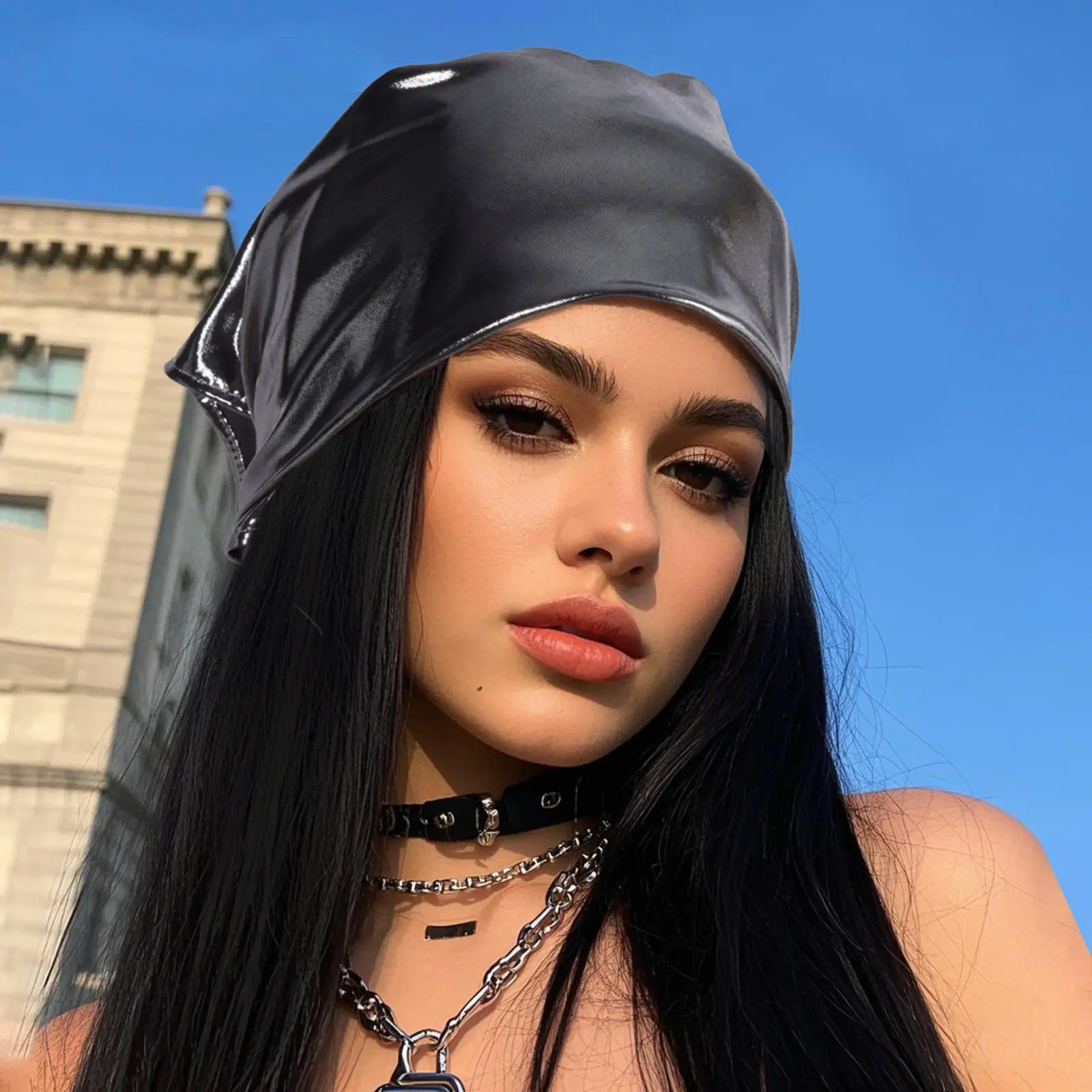 Fashion Metallic Leather Hair Bandana Y2K Punk Head Scarf Shiny Black Kerchief Streetwear Photo Props for Women