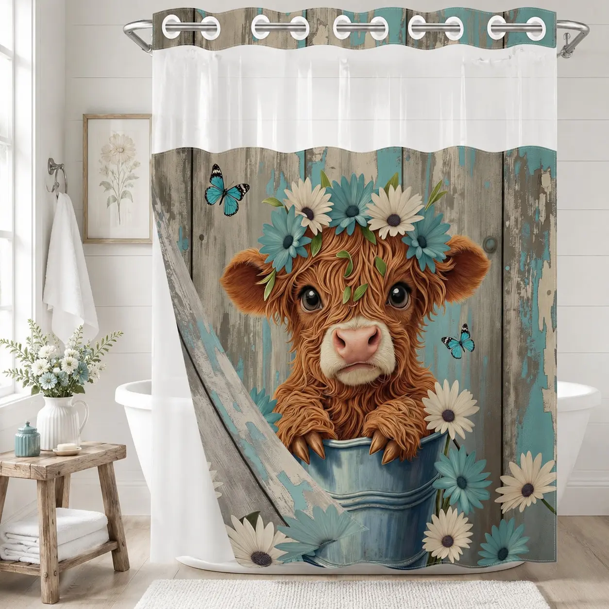 1Pc Hookless Double Layer Shower Curtain, Highland Cow Daisy Floral Rustic Wood Print, Farmhouse Bathroom Decor Curtain, Water Repellent Washable Fabric, Removable Snap-in Liner, Top See-Through Window, Farmhouse Shower Curtains For Bathroom