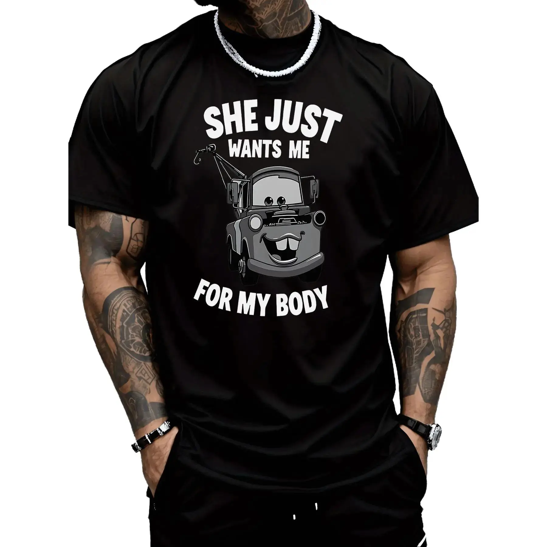Men's Graphic T-Shirt with Cartoon Tow Truck Print, Relaxed Fit 100% Cotton Fabric, Breathable Casual Menswear Top, Classic, Cartoon Style, Reinforced Stitching, Unisex Cut