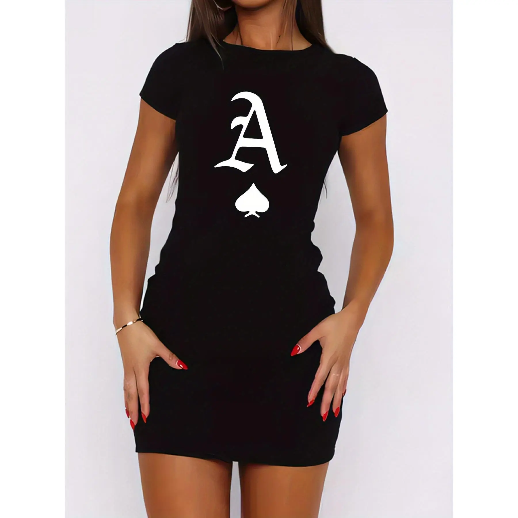 Women's Casual T-Shirt Dress with Letter A & Spade Print - Stretchy Round Neck Short Sleeve Bodycon Dress, Machine Washable All-Season Comfort for Casual Attire, Versatile Fashion, Medium Elasticity
