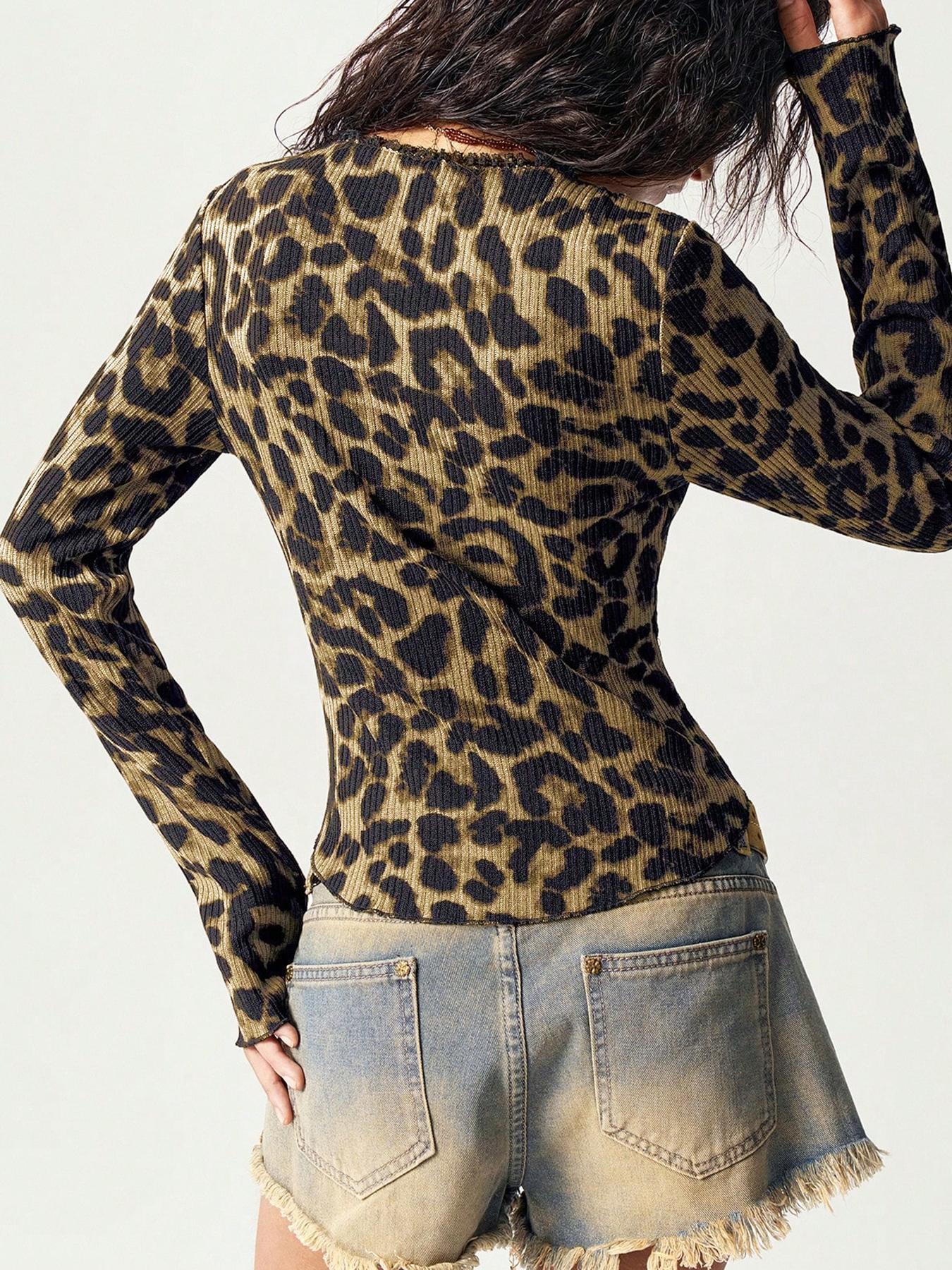 Women's Leopard Print Long Sleeve T-Shirt, Slim-Fit Casual Top for Fall Season, Stylish Fashionable Women's Clothing