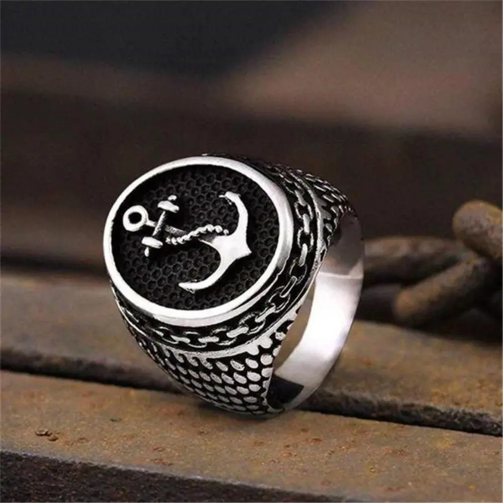 Male Navy Anchor Motif Costume Ring - Funky Retro Style, Silver Pave Setting Band, US-European Trendy Jewelry, Sizes 7-13, All Seasons Accessory, Ideal for Engagement, Birthday Gifting