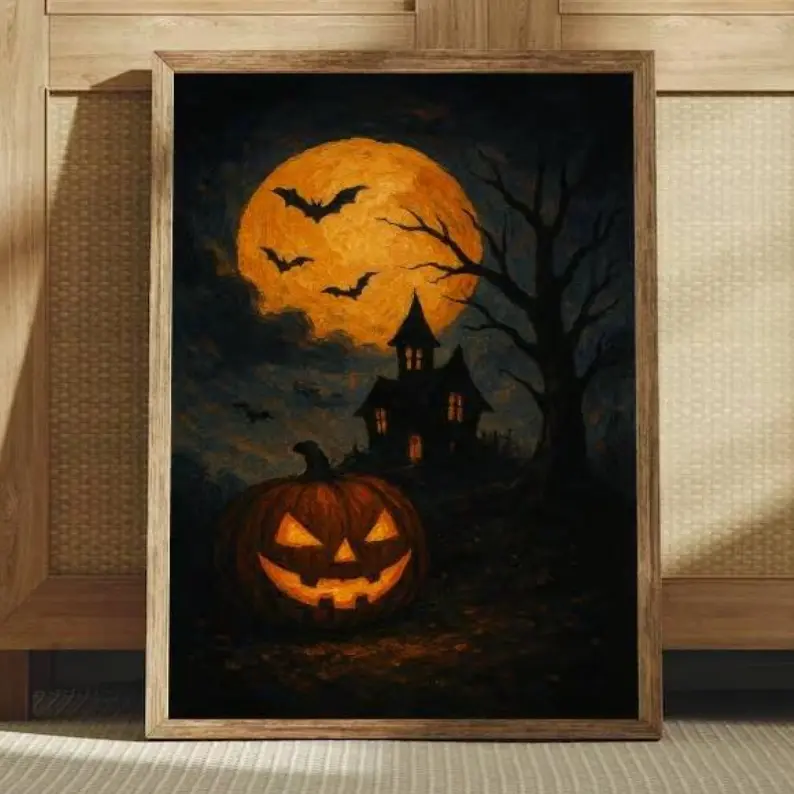 Halloween Pumpkin Wall Art – Spooky Haunted House and Full Moon Canvas, Gothic Bats Night Painting for Halloween Decor