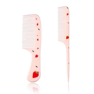2PCS Cute Pink Strawberry Hair Comb Set, Plastic Mini Fine Tooth Rat Tail Parting Comb for Toddler Girls, Women, Kids, Fits All Hair Types