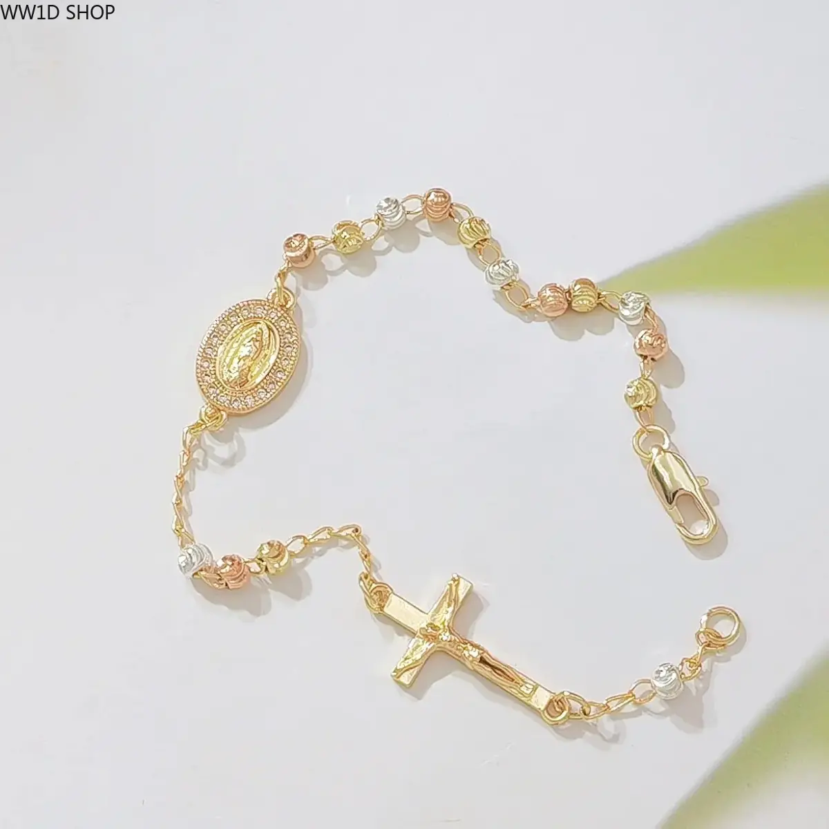 14K Gold Plated Tri Color Rosary Bracelet for Women, Virgin Mary Medal and Crucifix Cross Charm with Adjustable Chain for Daily Wear