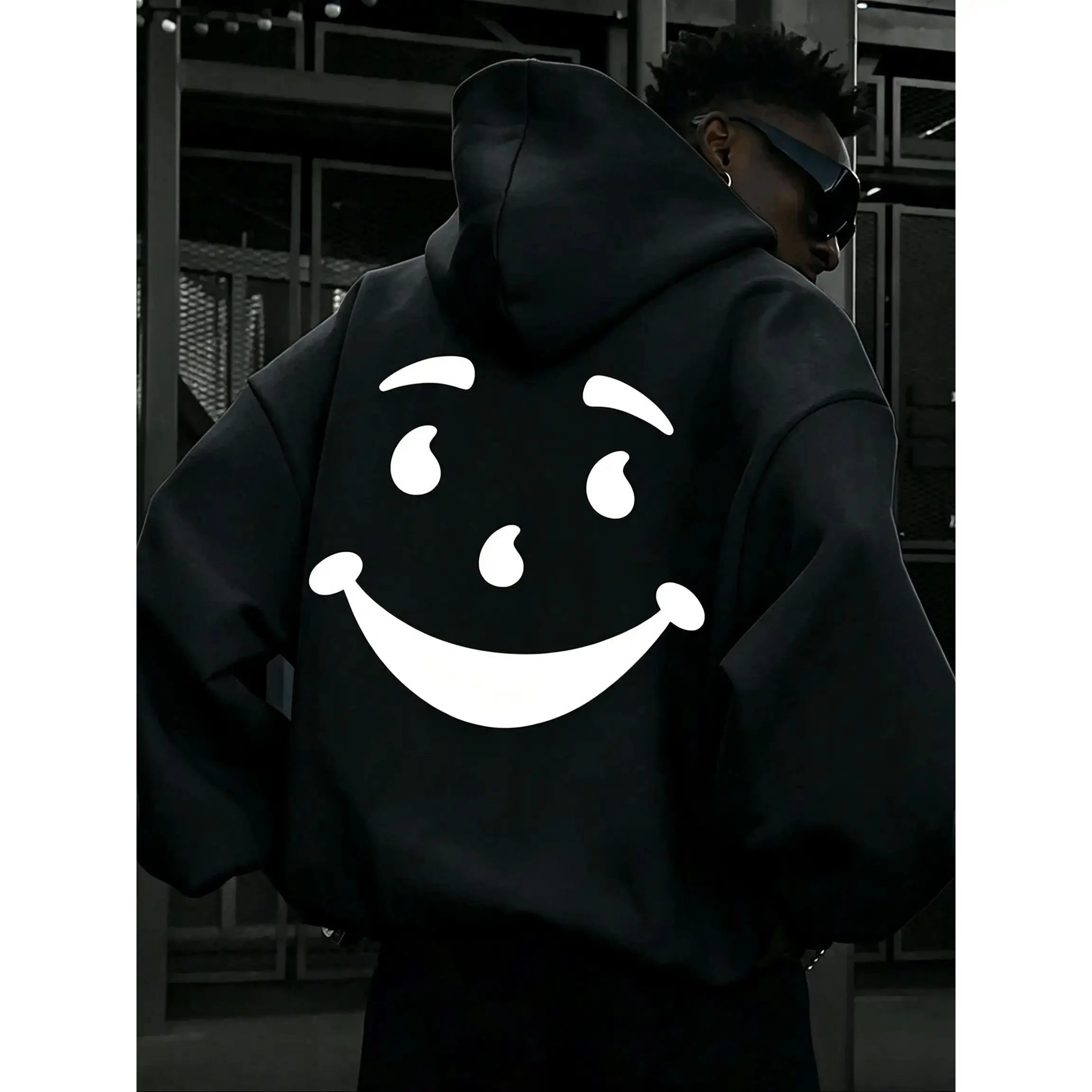 Men's Cartoon Smile Face Print Drop Shoulder Hoodie, Fashion Casual Comfy Streetwear Regular Fit Drawstring Pocket Hooded Sweatshirt for Daily Holiday Outdoor Wear, Men Clothes for Fall & Winter