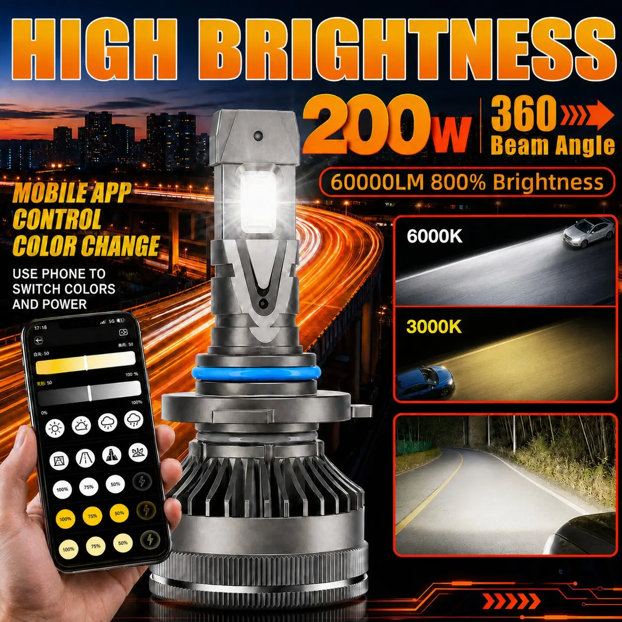 2pcs APP Controlled LED Headlamps Bulbs, 3000k-6000k, High Brightness, High Lumen Headlight, Plug and Play, for H11 H7 H4 9005 9006 H1, Car Truck Suv Lights, Led Front Lights
