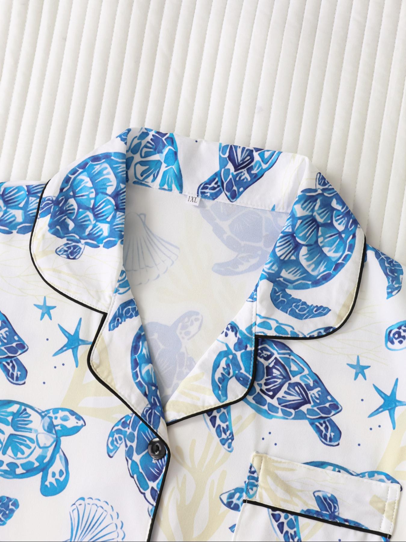 Women's Turtle Print Shirt & Shorts Pajama Two-piece Set, Casual Comfy Short Sleeve Top & Shorts Pajama Set, Ladies Summer Sleepwear & Loungewear