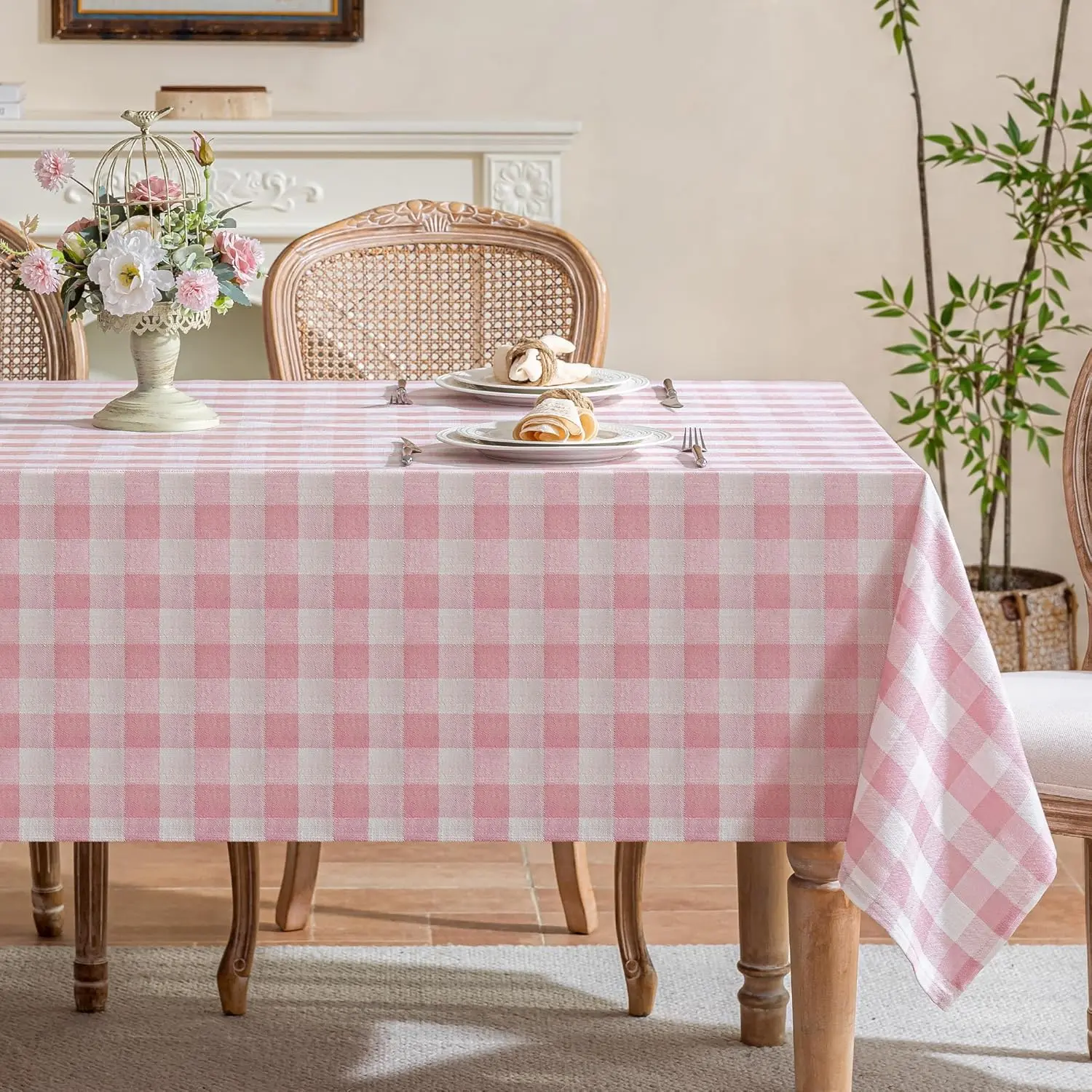 Gingham Tablecloth Rectangle Table, Cotton Linen Fabric Picnic Checkered Table Cloth Farmhouse Washable Wrinkle Free Buffalo Plaid Table Cover for Outdoor Birthday Party, Pink, 60x75