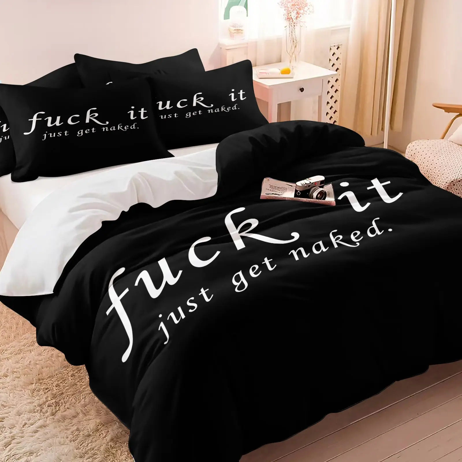 Black White Funny Slogan Duvet Cover Set, 1 Duvet Cover & 1/2 Pillowcase, Creative Words Cool Bedding Set No Filling, Soft Breathable for Couple Lover Men Women Bedroom Apartment Dorm Couple Home Decor