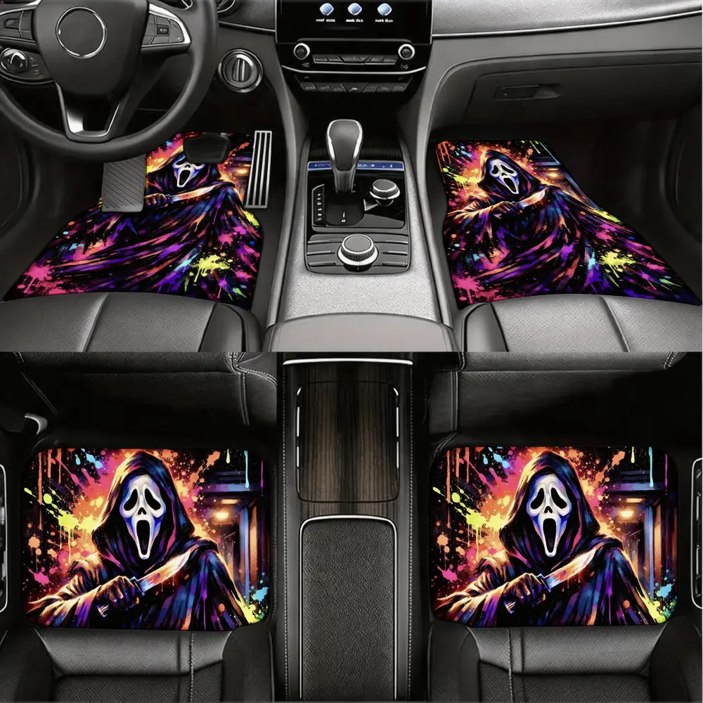 Horror Style, Car Floor Mats, Ghostface Scream Pattern, Non-Slip Rubber Backing, Universal Fit For Most Cars, 4 Piece Set