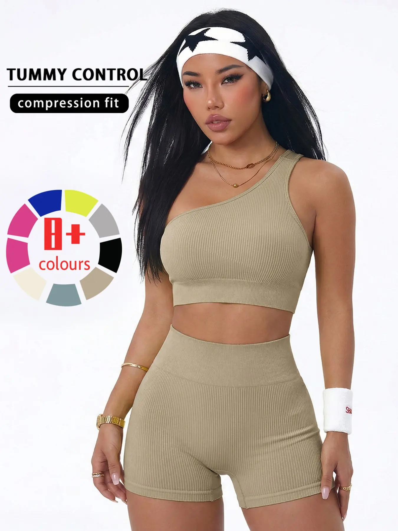 Seamless Asymmetrical Shoulder Yoga Set, Summer Solid Color Shockproof Back Bra, High Waist Tummy Control Peach Butt Workout, Compression Sportswear Set, Exercise Clothing Set