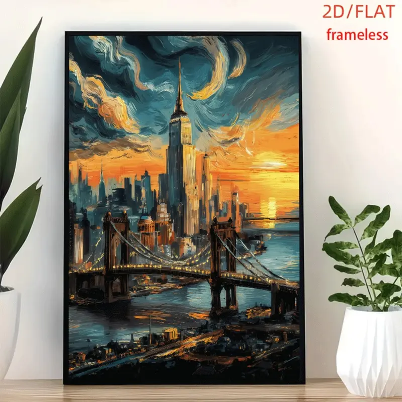 frameless NY Twilight Oil Art Art Decor Print Poster, Wall Art for Living Room, Bedroom, Office, Dining Room & Bar, Perfect Gift & Home Decor, 12in x 16in