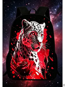 Eye Leopard and Rose 2D Print Backpack, Gothic Animal Art Style, Unisex Large Capacity Casual Daily Bag