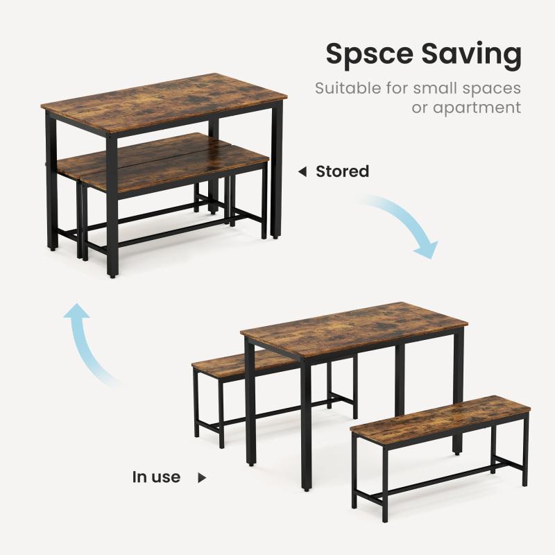 Kitchen Table with 2 Benches for 4, Wood Dining Room Dinette Sets for Breakfast Nook and Small Space, Brown