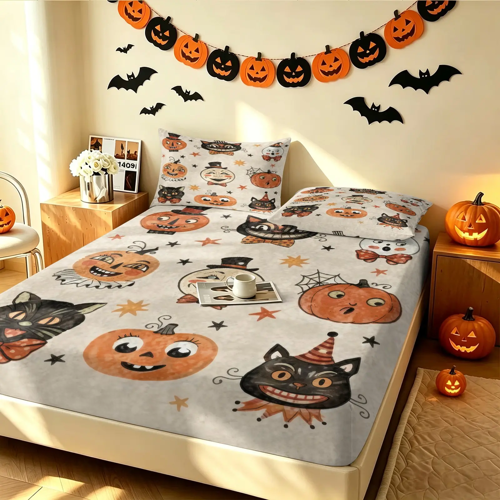 Vintage Cartoon Halloween Fitted Sheet Set, 1 Fitted Sheet & 2 Pillowcase No Filling, Pumpkin Black Cat Print Bedding Set, Deep Pocket Bed Sheets Set, Cute Fall Home Bedroom Party Decoration