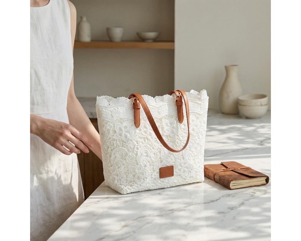 Women’s French Lace Hollow Tote Bag Large Capacity Shoulder Purse Adjustable Leather Straps Minimalist Floral Aesthetic Handbag Available in Versatile Summer Tote
