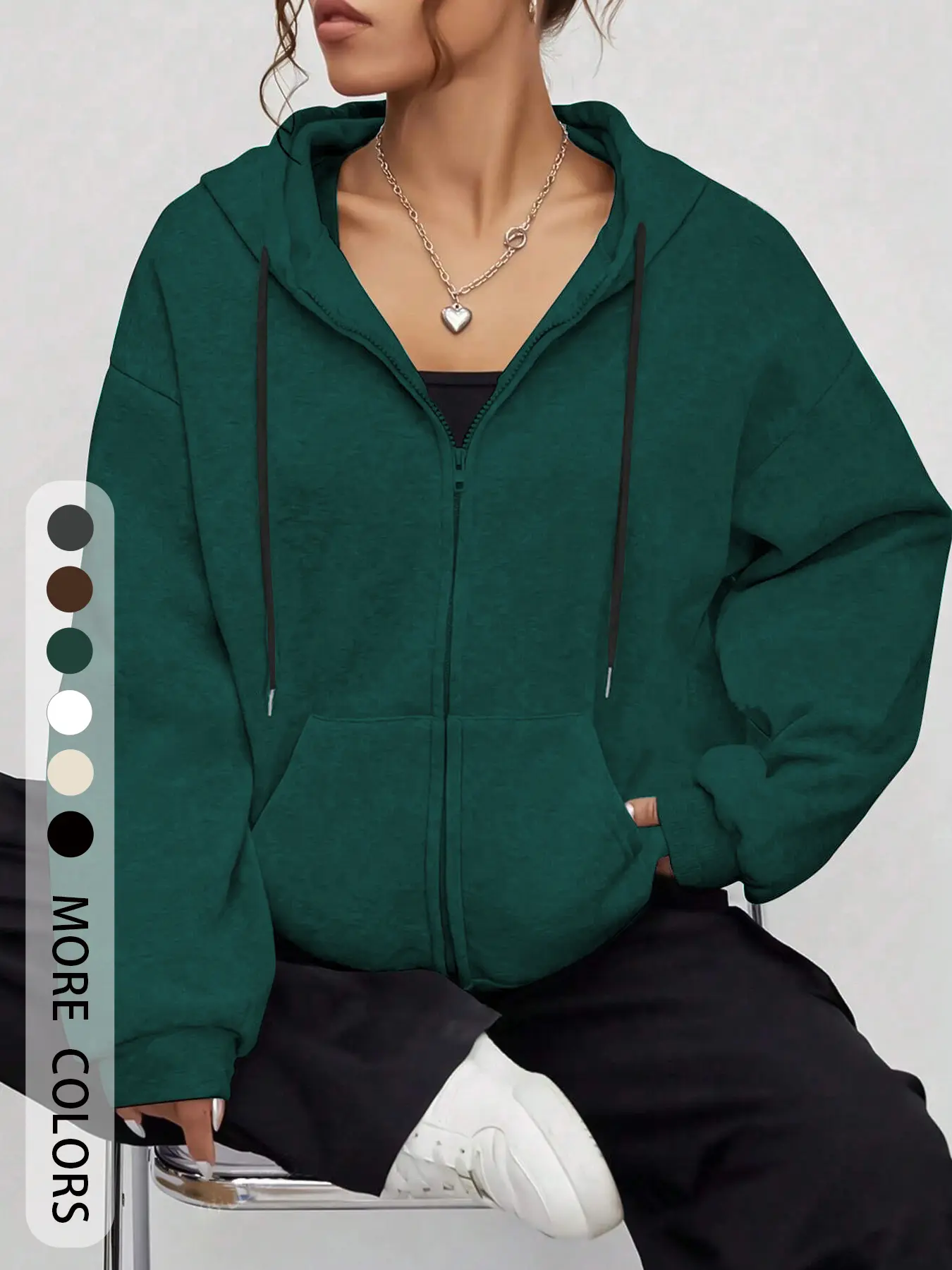 Women's Solid Color Drawstring Zipper Cardigan, Pocket Design, Casual Loose-Fitting Long Sleeve Hoodie Sweatshirt for Fall & Winter