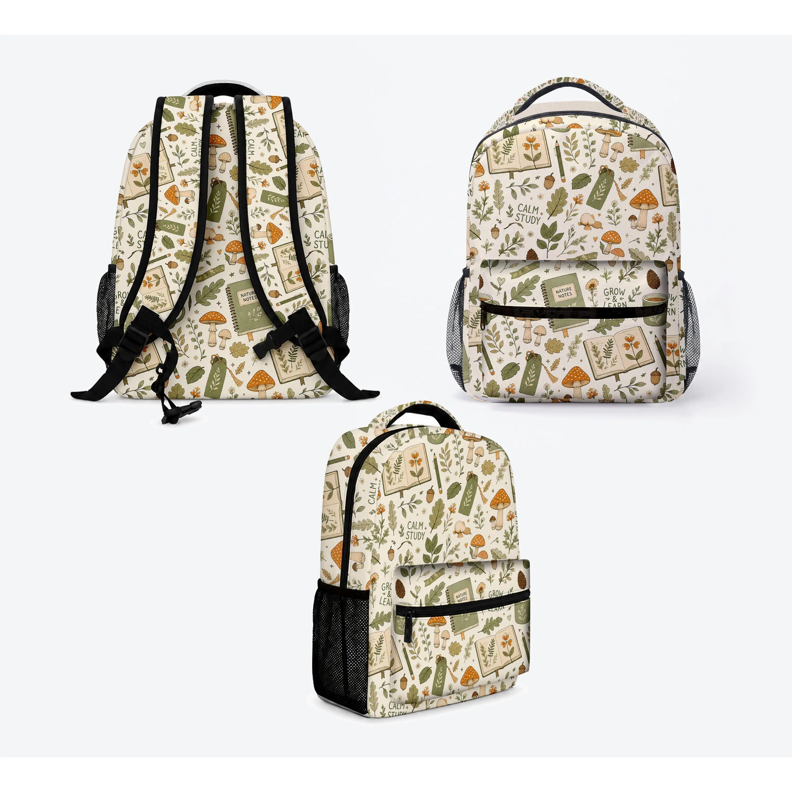 Cute Mushroom School Backpack, Botanical Cottagecore Bookbag for Girls & Teens, Woodland Nature Study Graphic Print, Front Zipper Pocket, Dual Mesh Side Pockets, Top Carry Handle, Back to School Student Daypack,bookbag,school backpack, multiple style