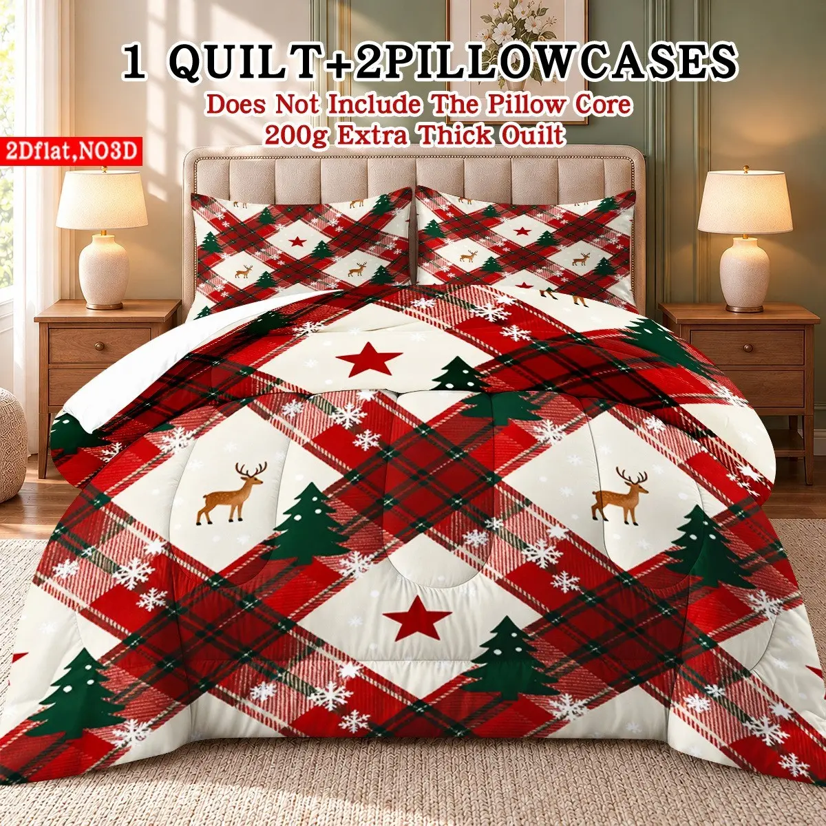 3pcs Christmas Plaid Quilt Insert Set, Easy Clean, Breathable, Soft, Warm, All Seasons, Ideal Gift, Includes 1 Quilt and 2 Pillowcases