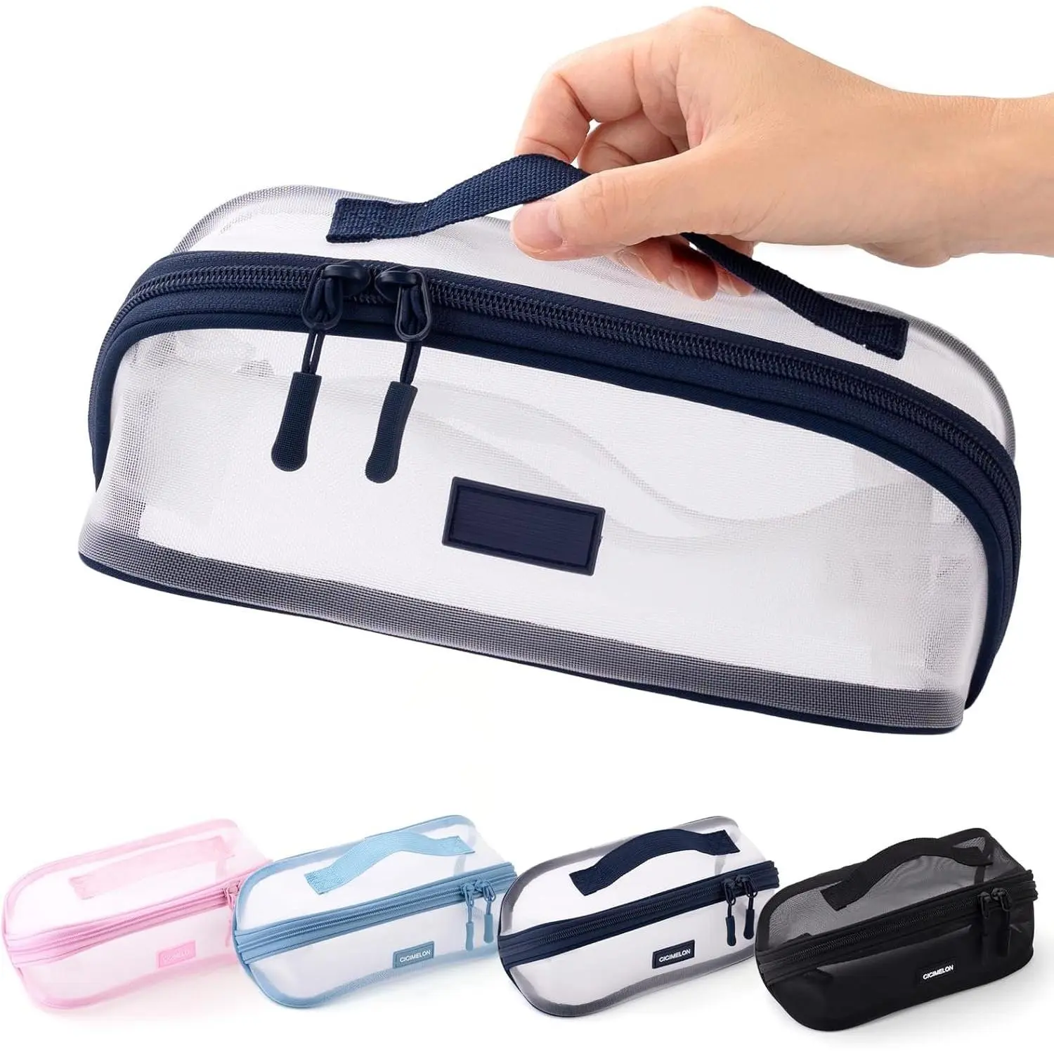 Transparent Mesh Pencil Pouch with Handle Big Case Clear Pen Bag College Essentials School Supplies, Navy