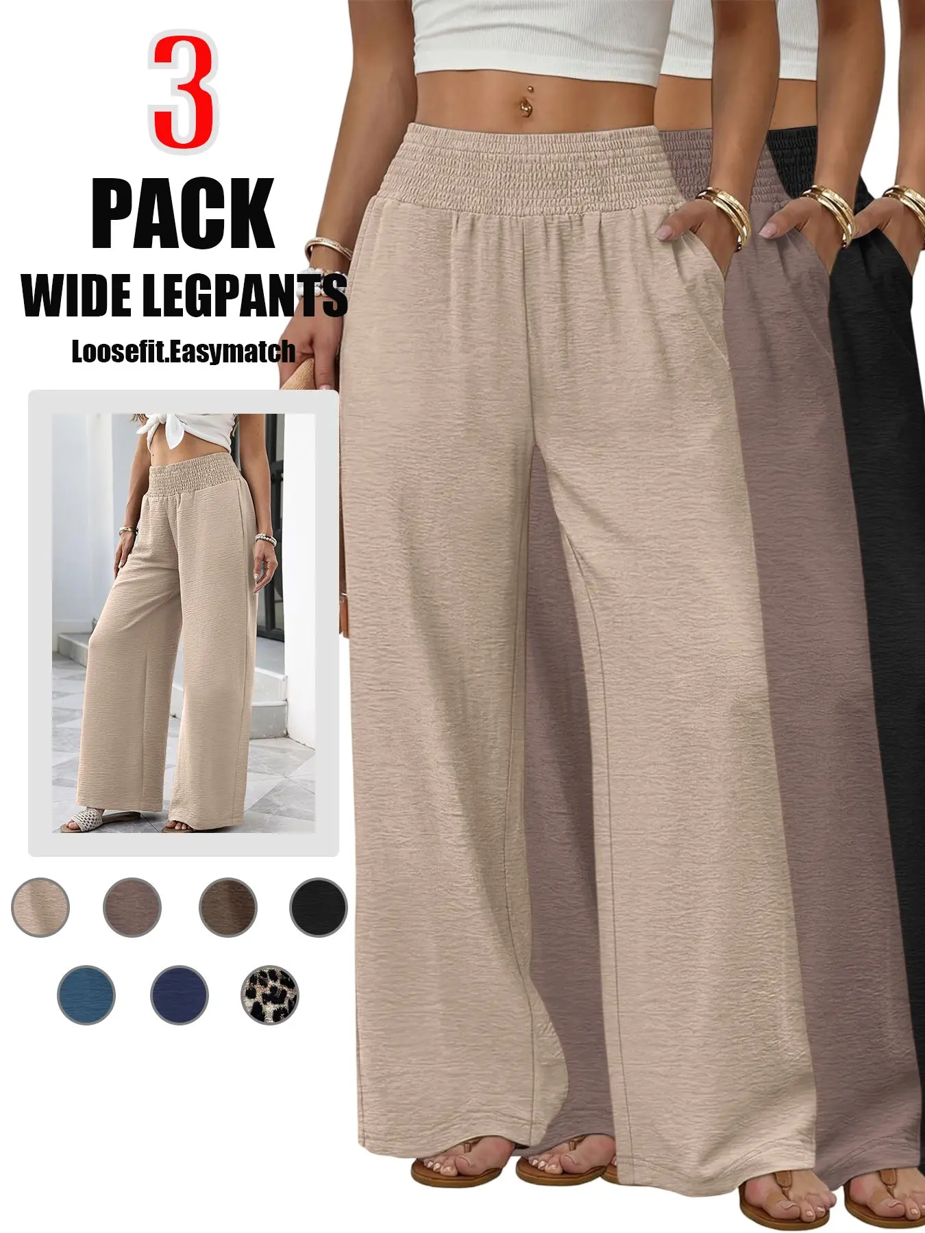Women's High-Waisted Wide-Leg Home Pants, 3-Pack Fall Winter Loose Fit Casual Trousers with Pockets, Comfortable Outerwear Lounge Wear
