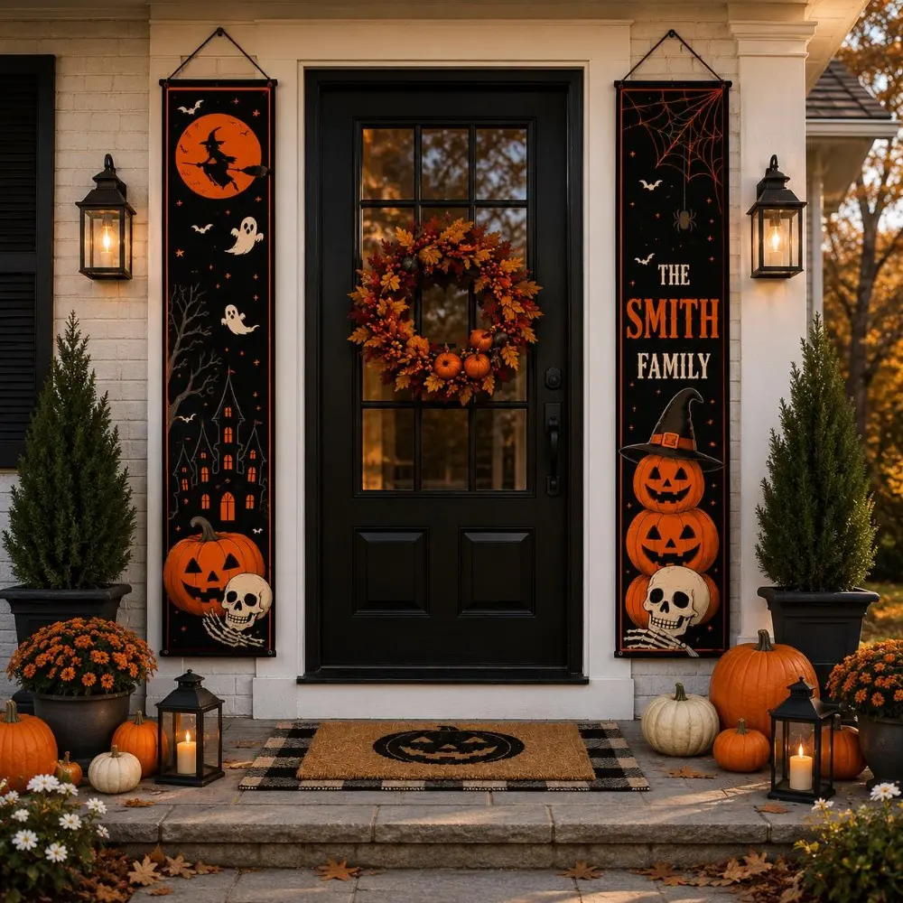 Personalized 2pcs Halloween Porch Banner Set Custom Family Name Vertical Banner Pumpkin Ghost Witch Porch Sign Front Door Halloween Decor