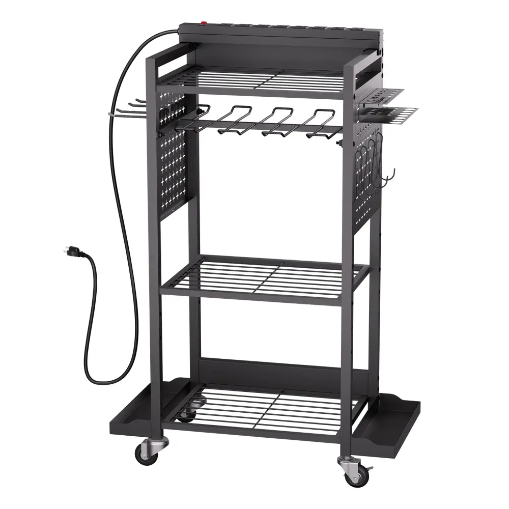 4-Tier Smooth Rolling Tool Organizer Cart with Adjustable Shelf, Charging Station, 8 AC Outlets, Drill Holder & Tool Battery Storage Rack, Mobile Storage for Garage & Workshop