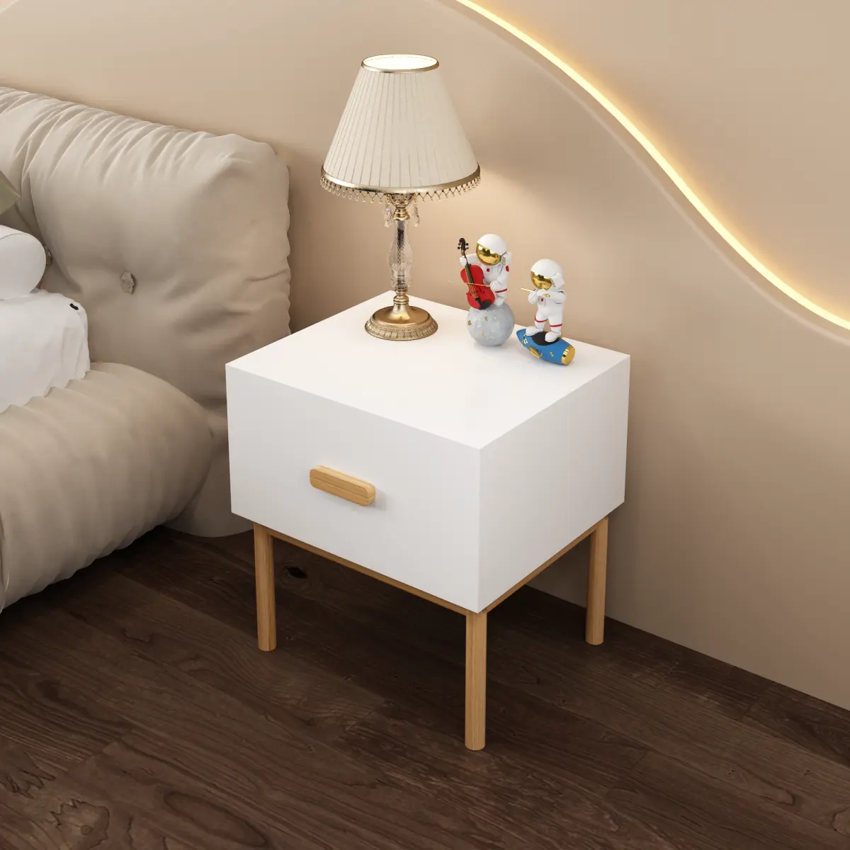 Modern White Minimalist Nightstand - MDF&Pine Wood Legs, Single Drawer with Handle, Plain Indoor Furniture for Bedroom, Simple Setup Bedside Table
