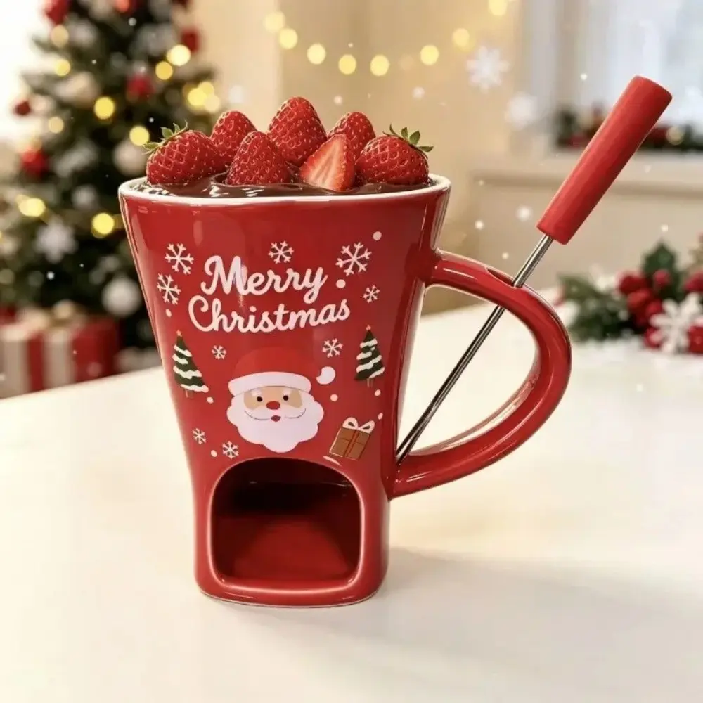 Chocolate Heating Cup 150ML, Christmas Ceramic Mug, Chocolate Melter with Fork, Cheese Fondue Cup, Couple Christmas Gift, Coffee