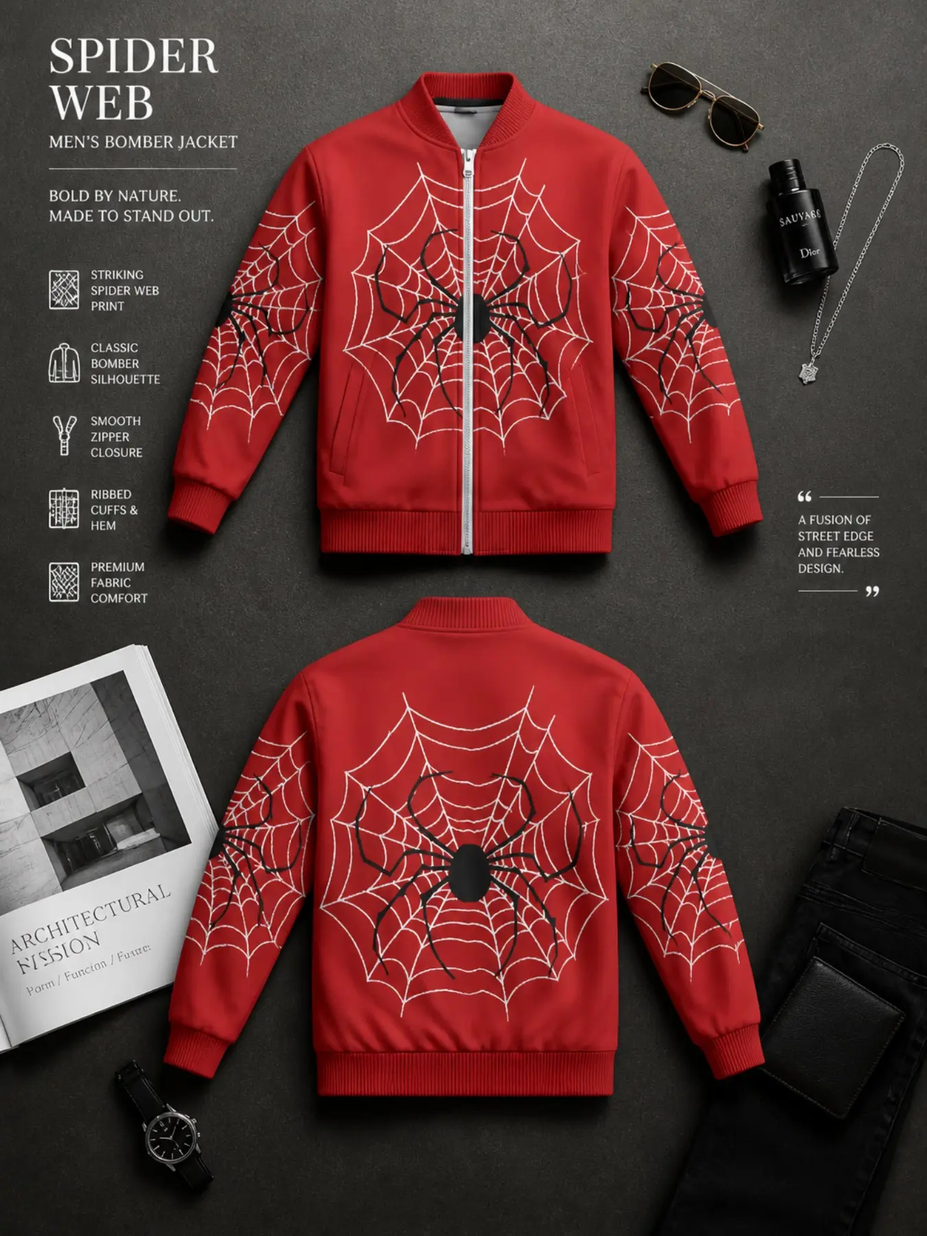 Men's Spider Web Pattern Full Zip Bomber Jacket, Vintage Spider Print Baseball Neck Windproof Jacket, Gothic Streetwear Fall Winter Coat