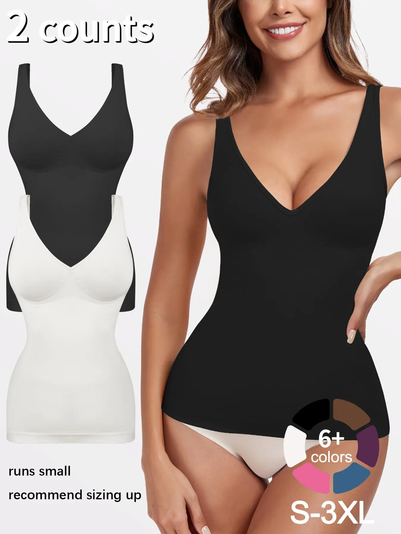 Women's 1/2/3/4 Pcs Shapewear Tank Top Deep V Neck Tummy Control Seamless Slim Fit Compression Top, Casual All-Seasons Undergarment, Moderate Fabric Thickness