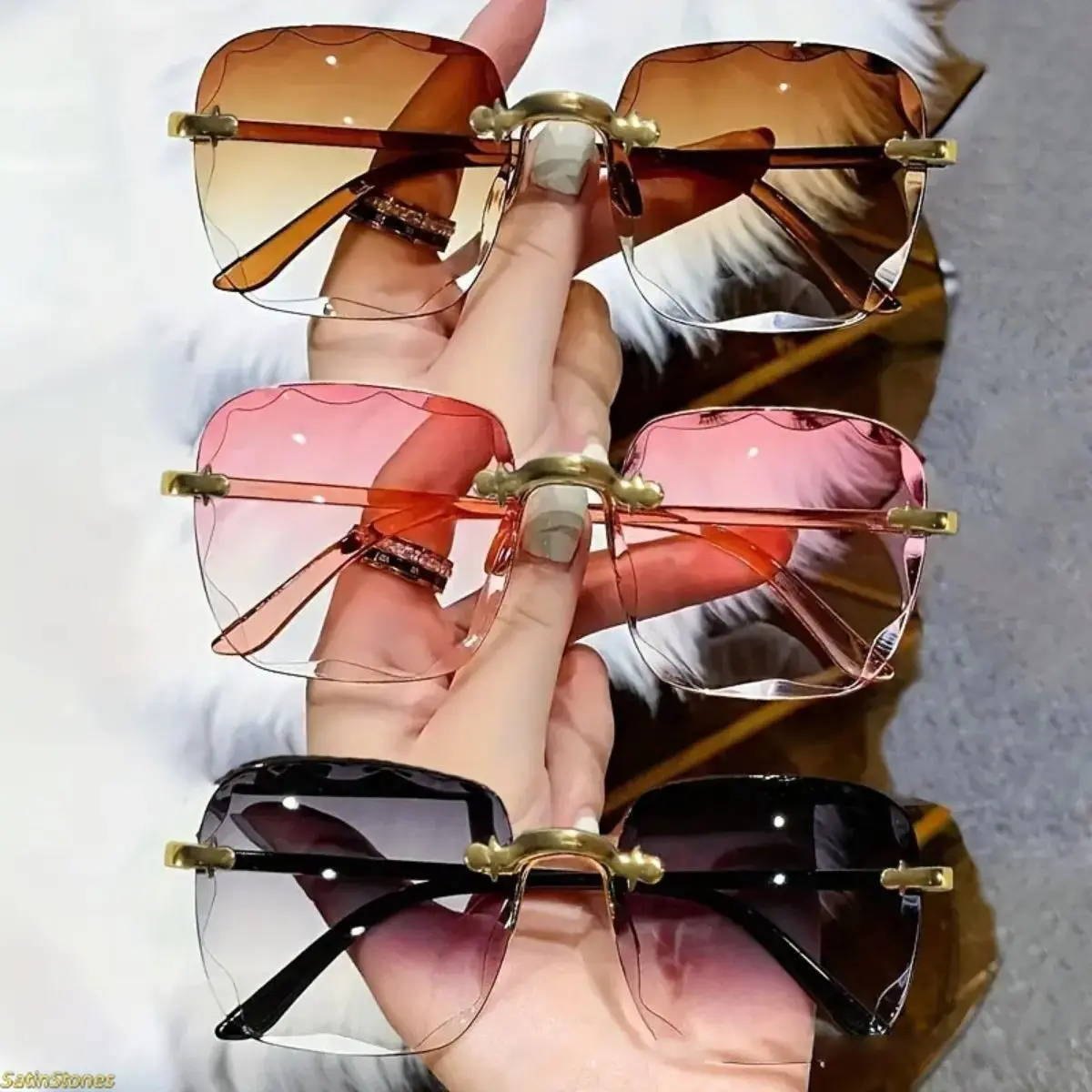 Trendy Rimless Rectangle Sunglasses for Women, Resin Lenses with UV Protection for Casual Outdoor Wear, Fashion Sunnies, Trendy Sunglasses, Sleek Rectangular Sunglasses