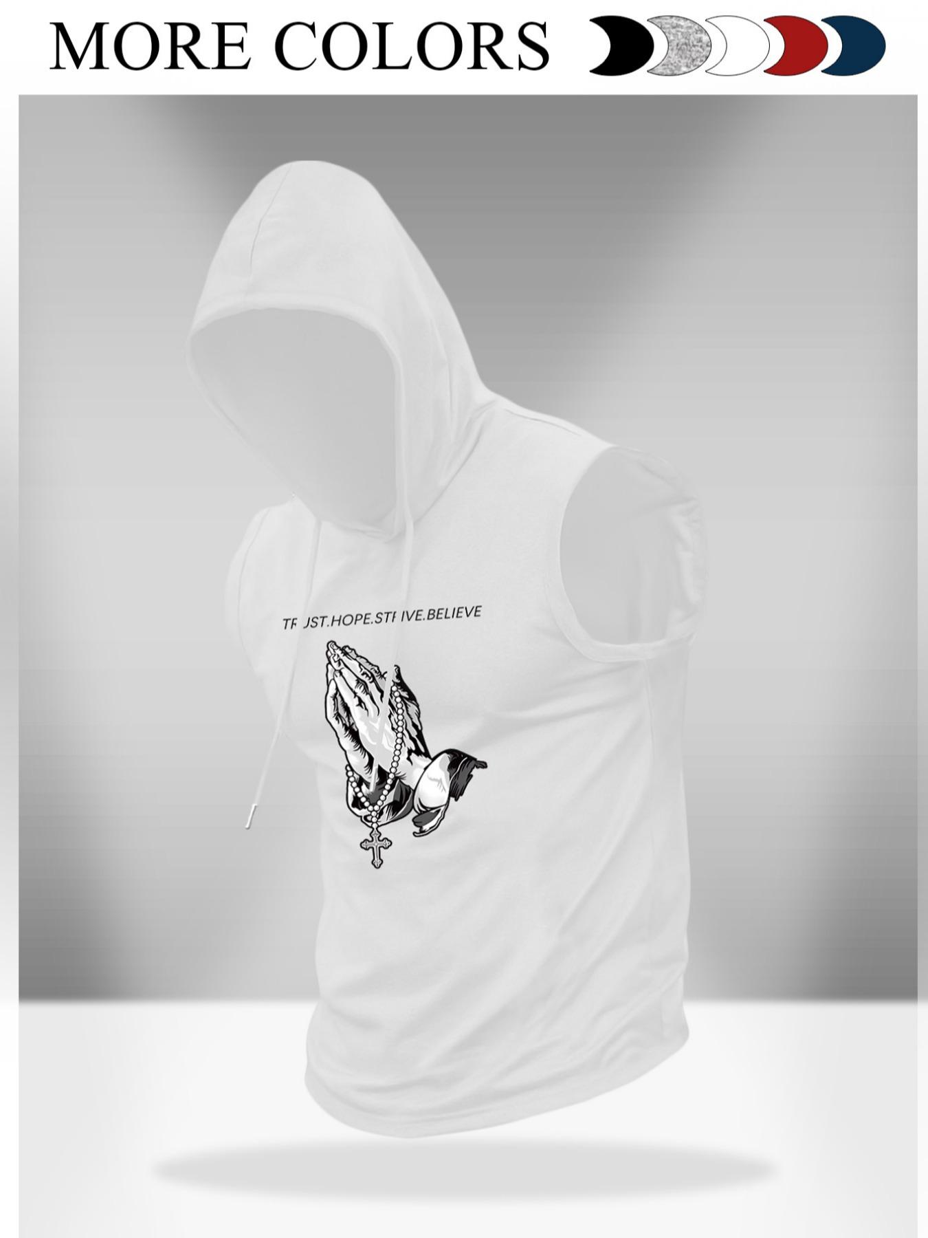 Men's Regular Fit Cross Print Hooded Tank Top, Casual Sleeveless Graphic Hoodies Vest for Summer, Men's Top for Daily Wear, Sweatshirts
