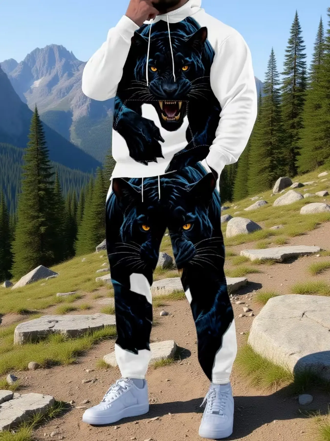 Men's Casual Hooded Sweatshirt Set, Cool Tiger Pattern Top + Pants Two-Piece, Long Sleeve Loose-Fitting All-Season Wear
