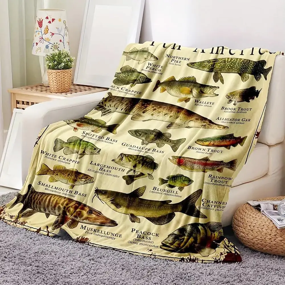 280 GSM Thickness Polyester Fishing Blanket - Soft, Skin-Friendly, All-Seasons, Machine-Wash - Male-Focused North America Sports Fish Themed Gift for Dads
