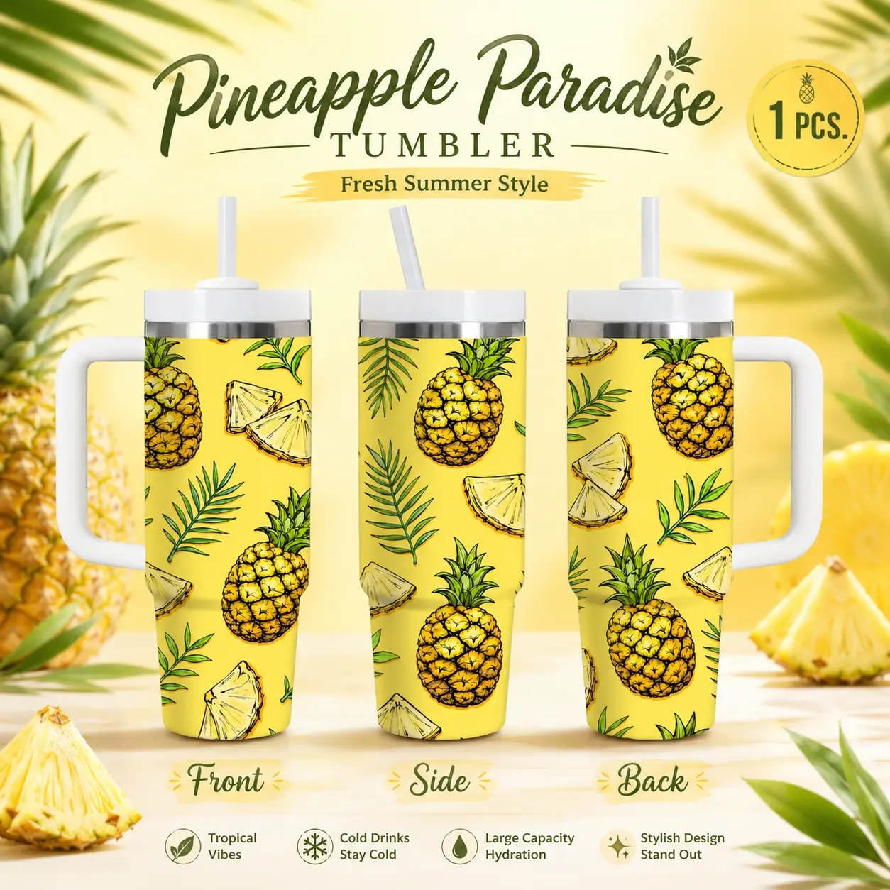 Watercolor Tropical Pineapple Palm Leaf Vacuum Flasks 40oz Stainless Steel Vacuum Insulated Tumbler with Handle & Straw | Long-Lasting Cold & Heat Retention, Leak-Resistant | For Iced Coffee, Water, Office, Gym & Travel