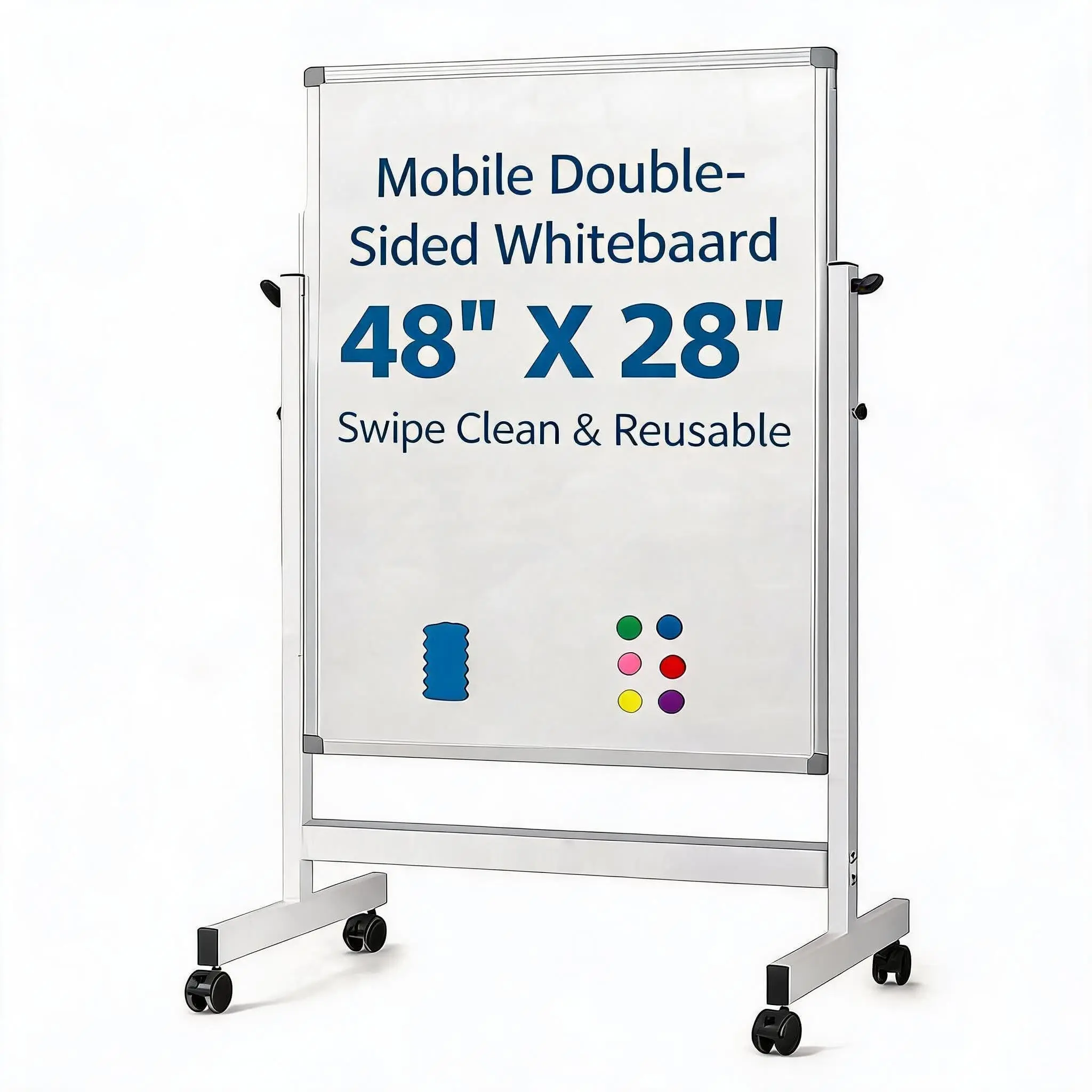 Double Sided Mobile Whiteboard 40"×28", Height Adjustable Standing Easel  Board | Flip Design with Magnetic Surface, Rolling Stand for Office, Home, Classroom, Teaching