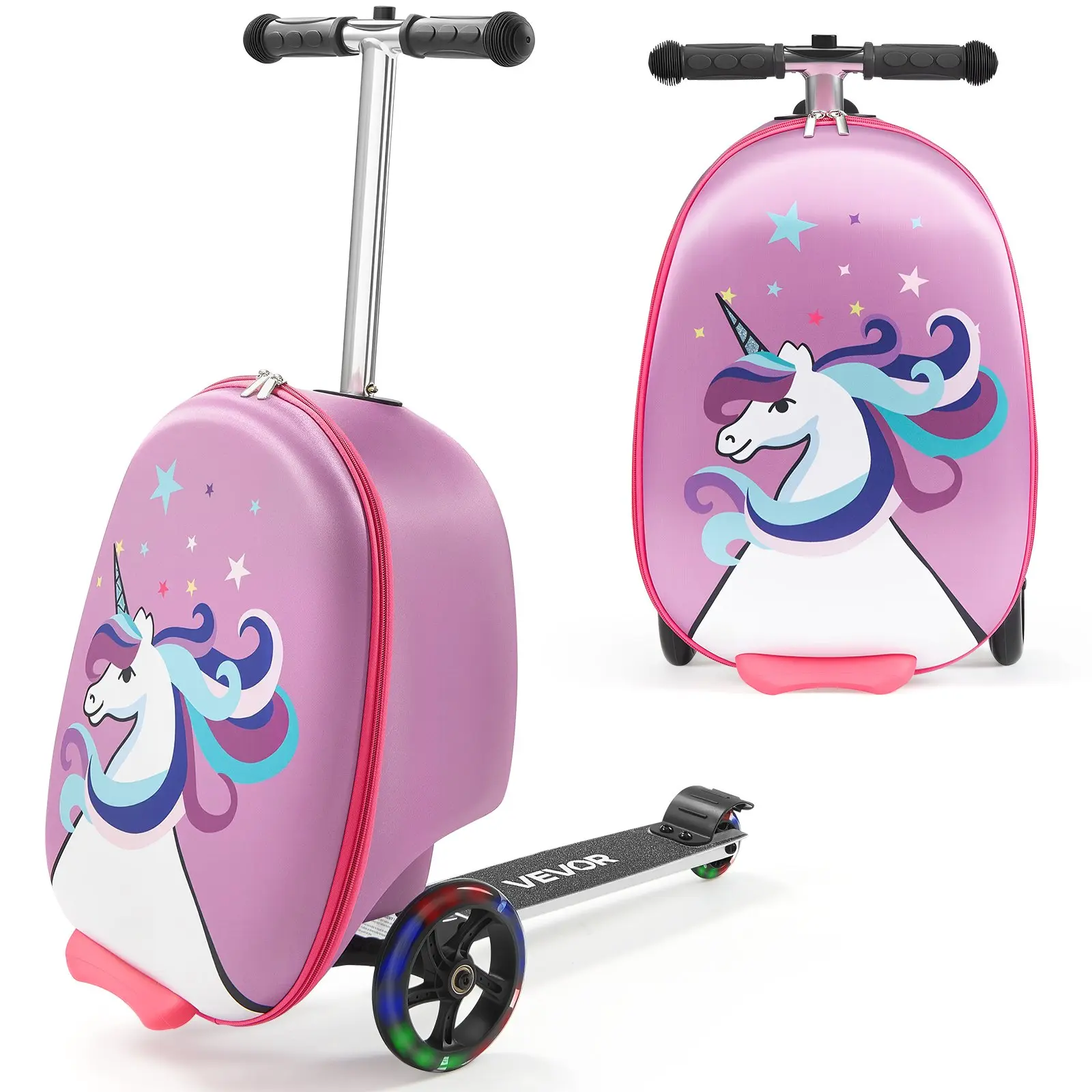 VEVOR Kids Ride-on Luggage, 20in Carry-on Size, 20L Capacity, PU Material Flash Wheels, Adjustable TPR Non-Slip Grip Handle, Foldable Lightweight Scooter Suitcase for Travel Fun (Ages 5+) Purple