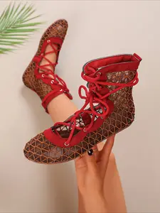 Hollow fishnet lace-up tall boots, Casual Ankle Boots, breathable flat summer shoes for Y2K boho vintage look