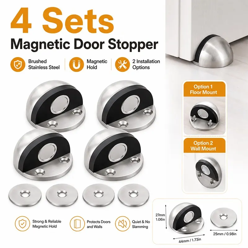 4-Piece Magnetic Door Latches, Stainless Steel, No Drilling, Strong Suction, Durable Design, Rust-Resistant, Home Office Reading Room