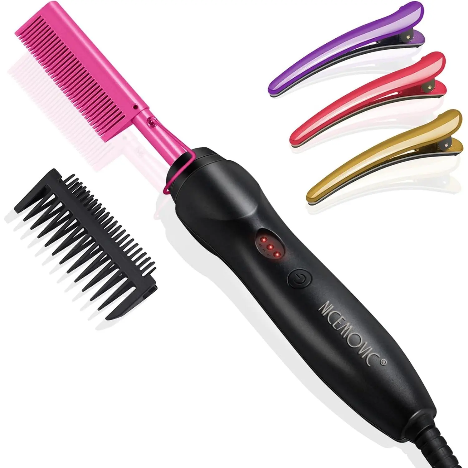 Ceramic Heating Hair Straightener Comb - Hot Pressing Brh for Natural Black Hair, Beard Wigs, and Curling (Pink)