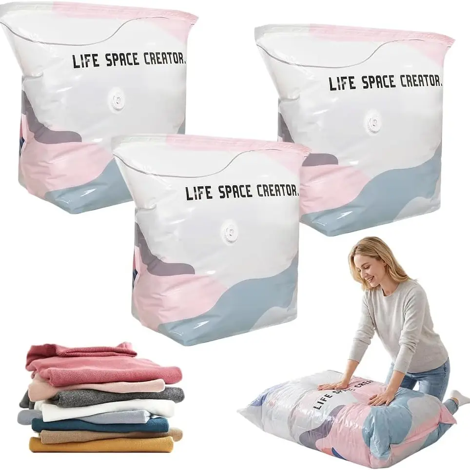 No-Pump Vacuum Storage Bags, New Cube Compression Space Saver Bags, Upgrade Large Storage Compression Bags No-Pump 3D Vacuum Storage Bags for Clothes, Comforters, Blankets, Plastic Storage Bags