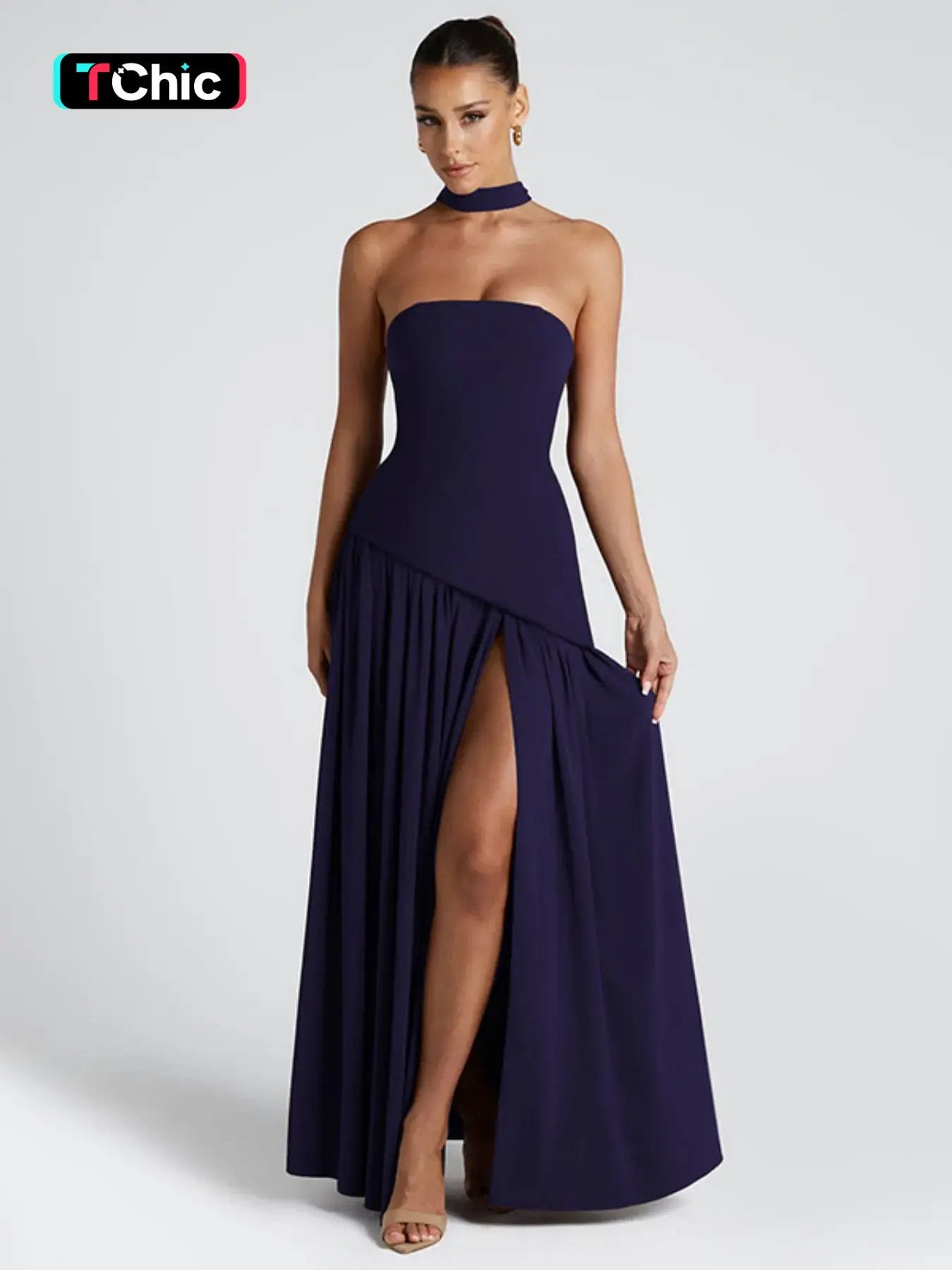 Women's Plain Split Thigh Body Con Tube Dress with Scarf, Elegant Strapless Dress for Party Club Beach Vacation, Ladies Clothes for All Seasons, Bodycon Party Dress