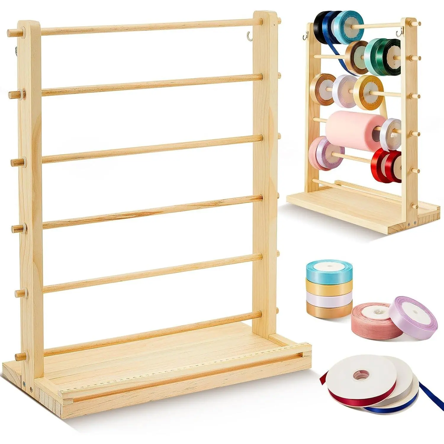 6-Tier Smooth Wooden Hanging Ribbon Organizer - Floral Spool Rack with Rubber Grip, Room Decor, for Craft Room Storage, Sewing Stabilizer Rolls, Mother's Day Gift