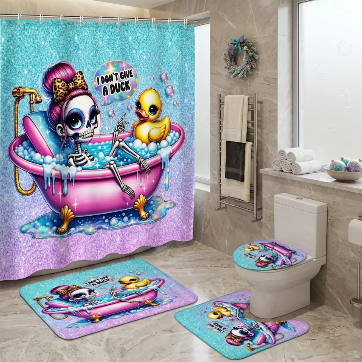 4pcs TikTok Hot Sale Halloween Skeleton Mermaid Gothic Shower Curtain Set, Bubble Sea Life Skull Lady in Bathtub Print, “I Don’t Give a Cluck” Vibe, Spooky Cute Bathroom Decor for Party Nights