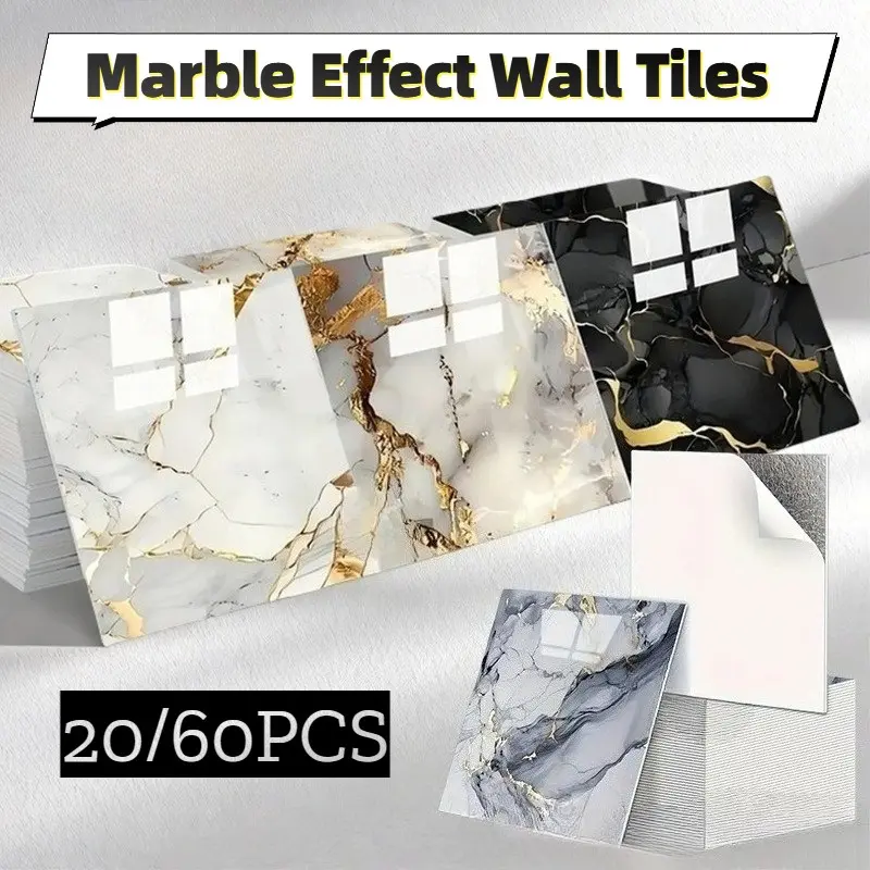 Marble Effect Wall Tiles 20/60Pcs, Self-Adhesive, Peel and Stick, Waterproof, Oil-Proof, Dirty-Resistant, Kitchen Bathroom Backsplash and Living Room Wall Decor