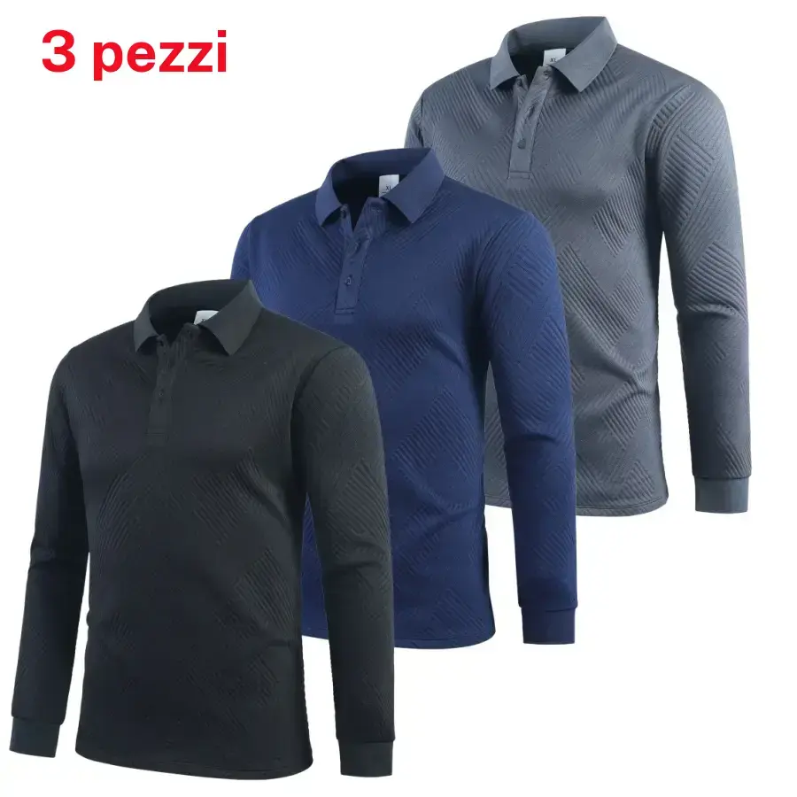 Men’s Textured Long Polo Shirt Turn Down Collar, Front Placket Button Detailing, Oblique Geometric Texture, Business Casual Style, Long Polo Shirts, Front Placket Polo Shirts