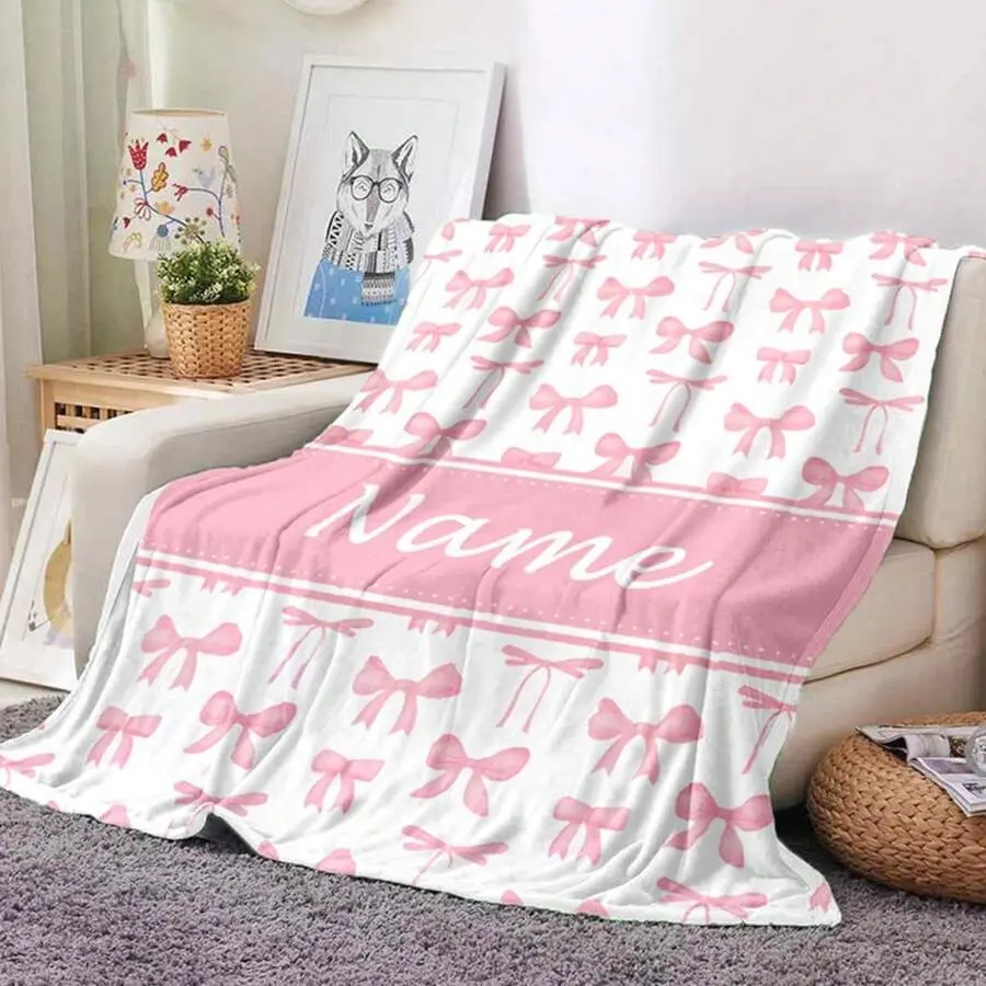 Custom Name Soft Warm Flannel Throw Blanket - 1 Piece Pink Bow Watercolor Design, Lightweight Portable Travel Blanket for Car, Personalized Gift for Girls, Sweet Nursery Decor, Throw Blankets
