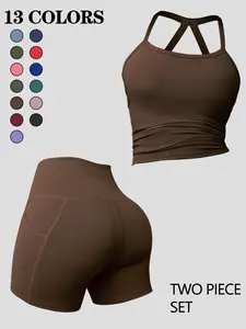 Multicolor Milk Silk Cross Back Set, Thin Strappy Tank Top, Side Pocket High Waist Shorts, Stretchy Breathable Yoga Pilates Fitness Two Piece Set, Athletic Sportswear